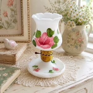 10" Vintage Milk Glass Hurricane Lamp Hand Painted Roses Cottage Colonial Decor